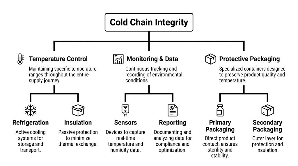 A diagram illustrating the three core pillars of cold chain integrity: temperature control, monitoring, and protective packaging.