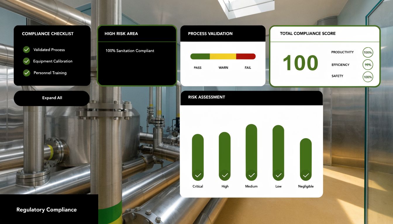 A digital dashboard showing industrial regulatory compliance metrics, scores, and safety risk assessment charts for facilities.