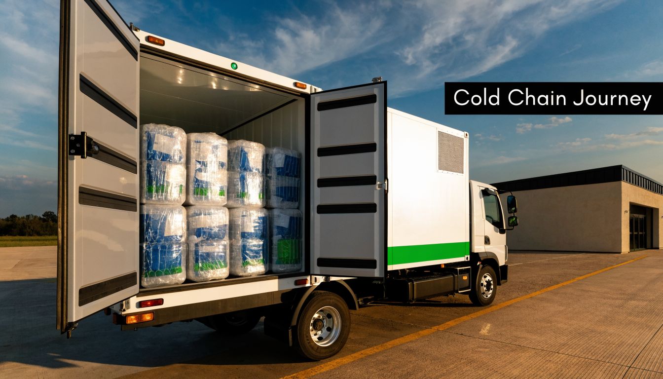 A refrigerated truck parked at a facility with open doors showing cargo wrapped in protective plastic.