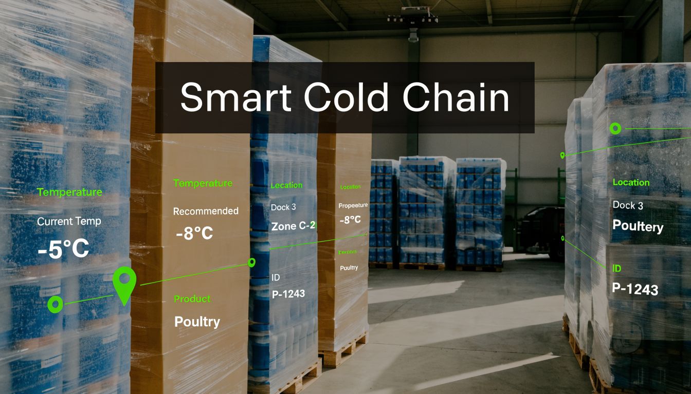 A digital overlay showing real-time temperature and location monitoring of poultry pallets in a refrigerated warehouse.