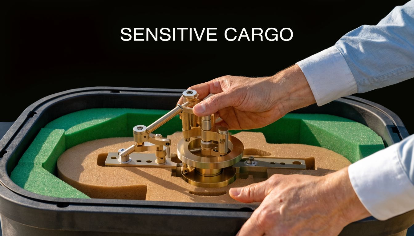 A person carefully handling a delicate brass mechanical component stored within protective foam packaging for transport.