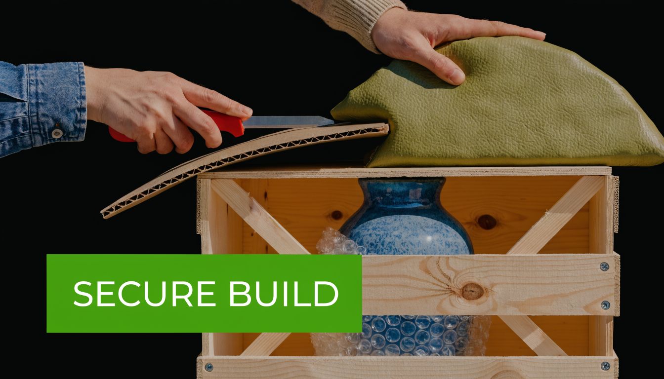 A close-up of a person cutting cardboard to securely pack a fragile blue vase in a wooden crate.