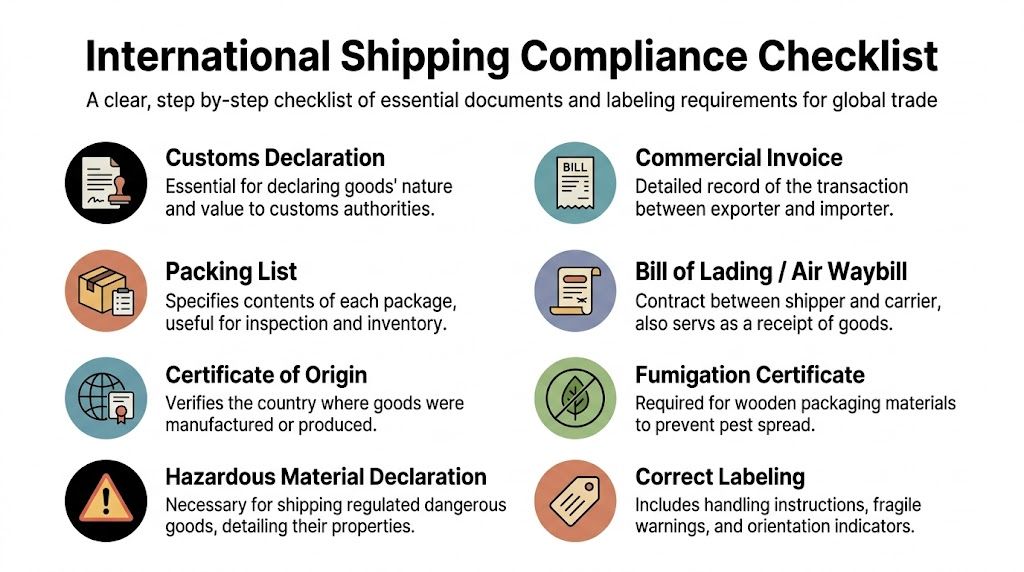 An infographic list outlining essential documents and labels required for international shipping compliance and customs clearance.