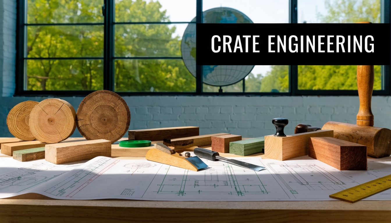 Wooden blocks, carving tools, and technical blueprints displayed on a workbench in a bright workshop.