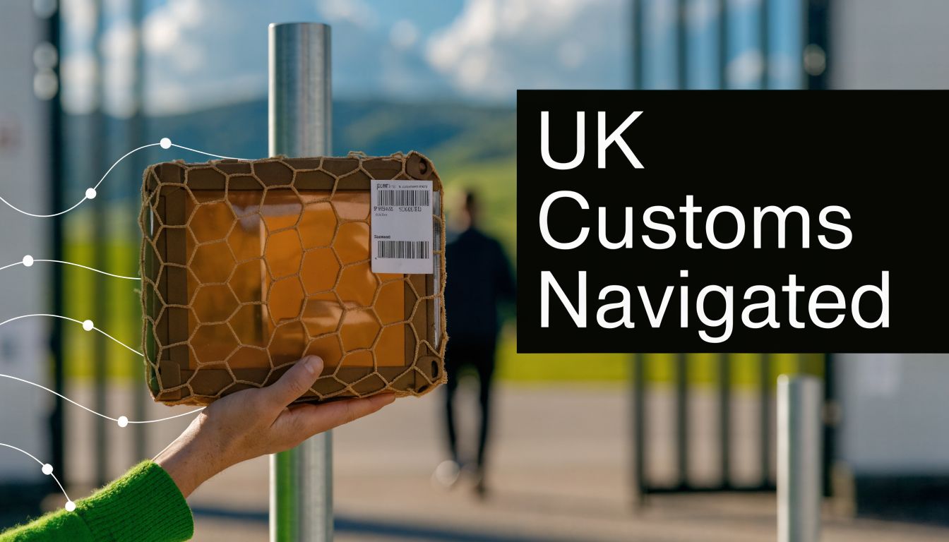 A person holding a small package wrapped in a cargo net in front of a gate