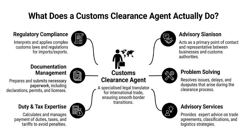 An infographic detailing the various responsibilities of a customs clearance agent in international trade logistics.