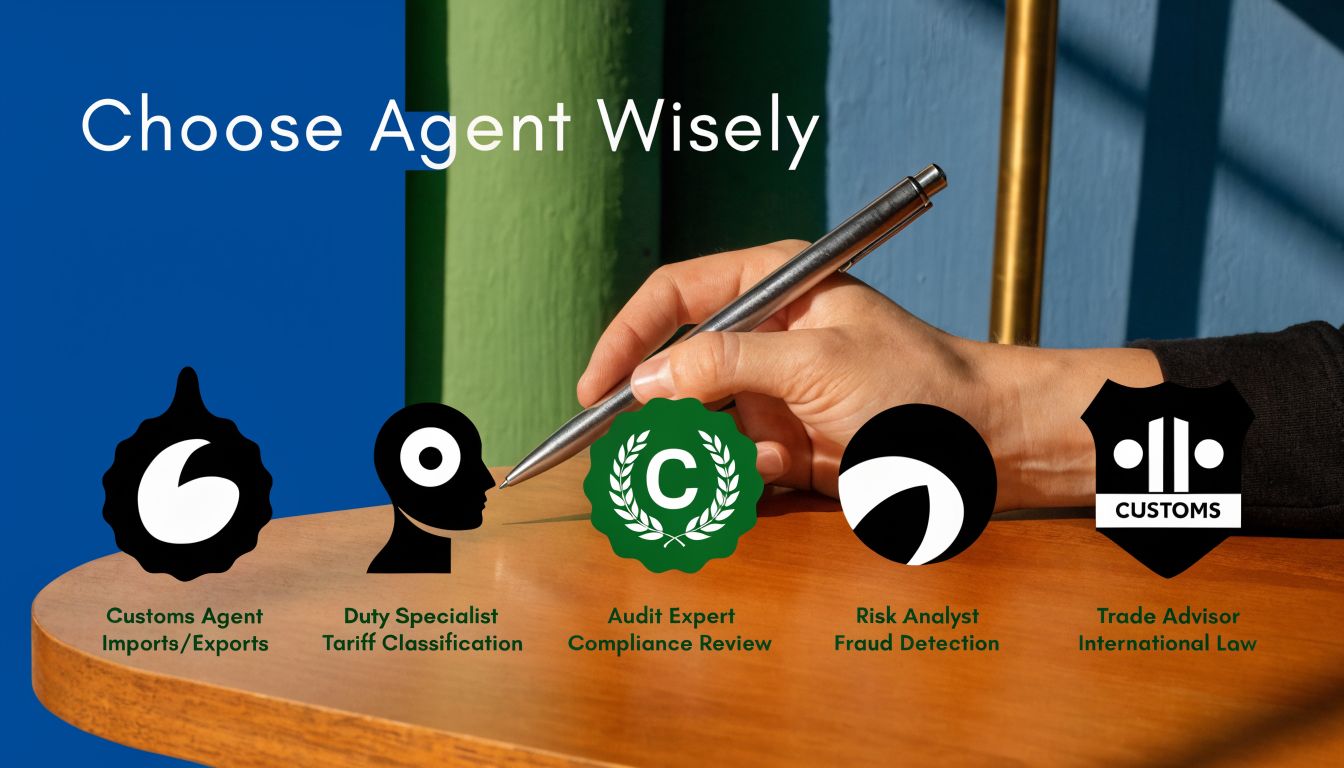 A hand holding a silver pen over a table featuring icons of various customs and trade professional roles.