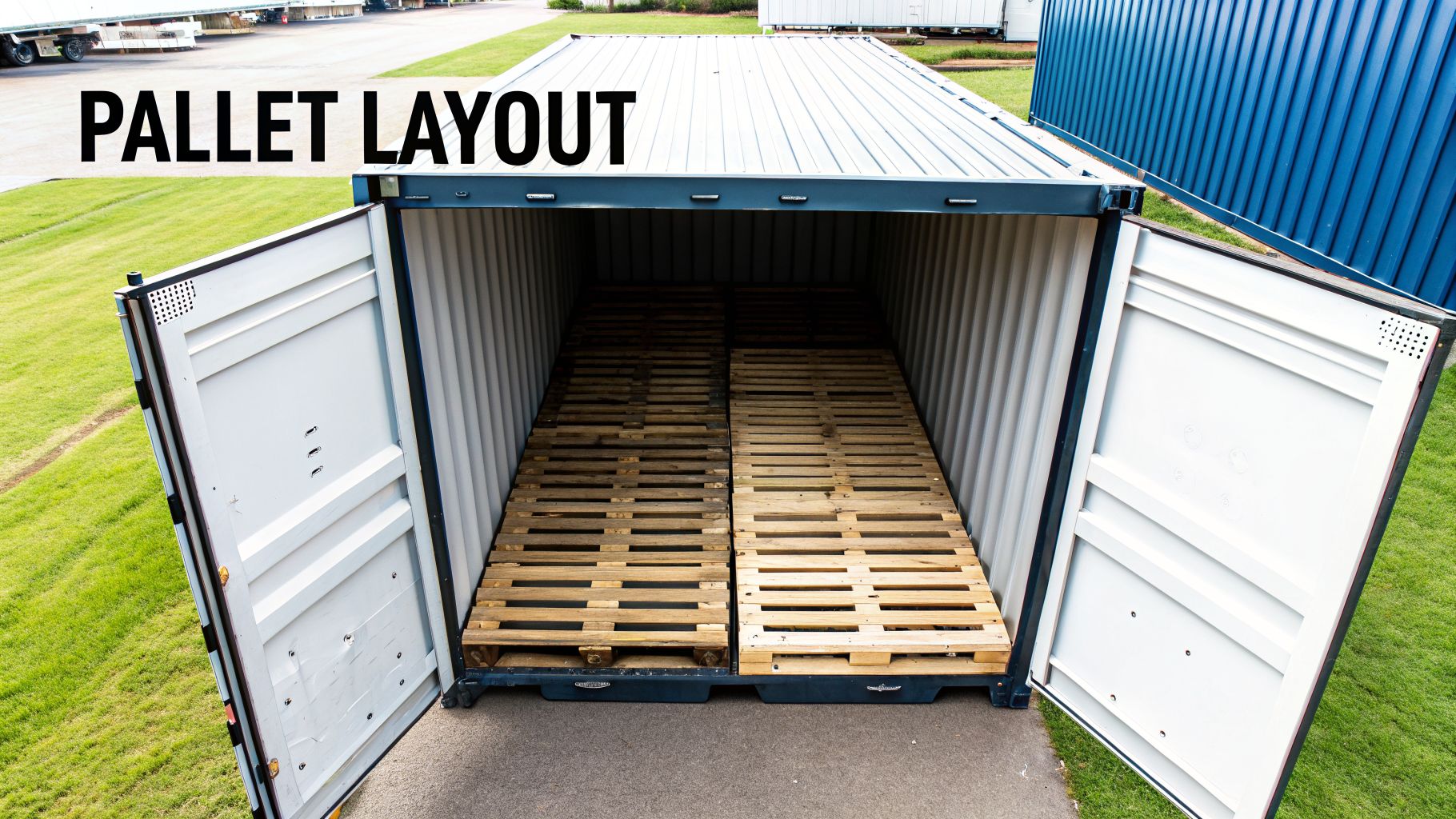 Inside an open 20-foot shipping container, wooden pallets are neatly arranged on the floor.