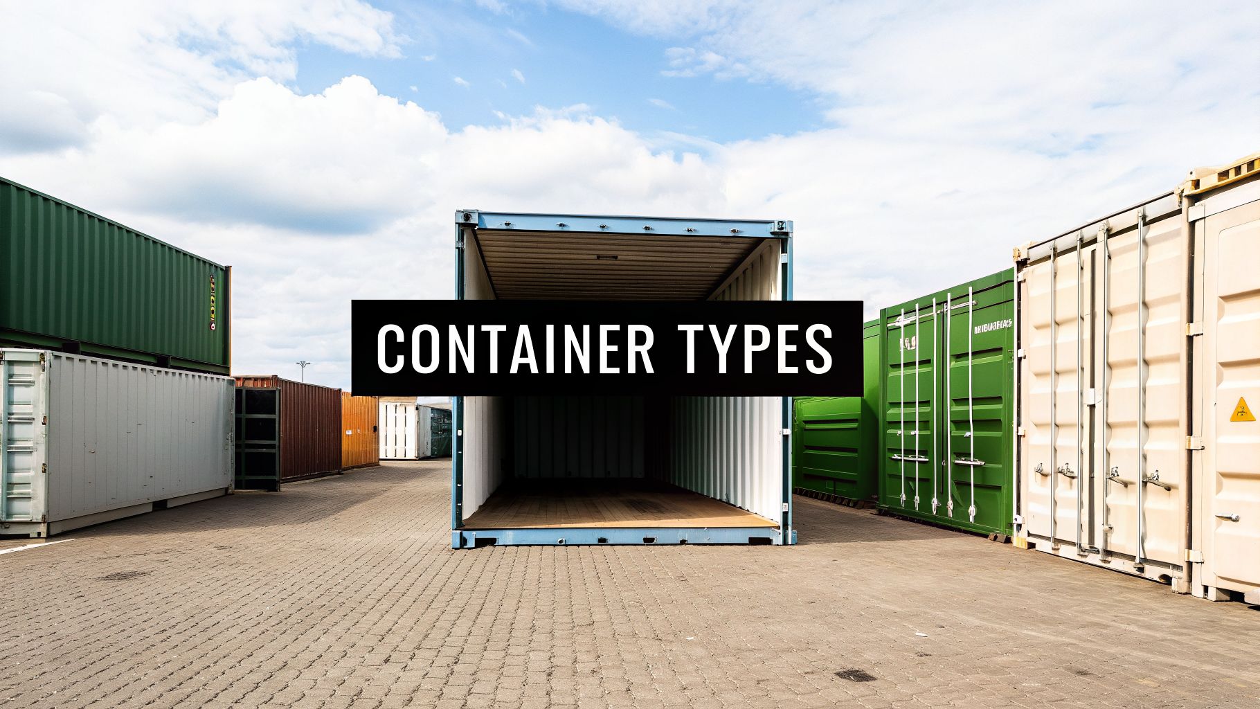 Various colorful shipping containers in a cargo yard, with an open blue container revealing its interior. Text reads 'CONTAINER TYPES'.