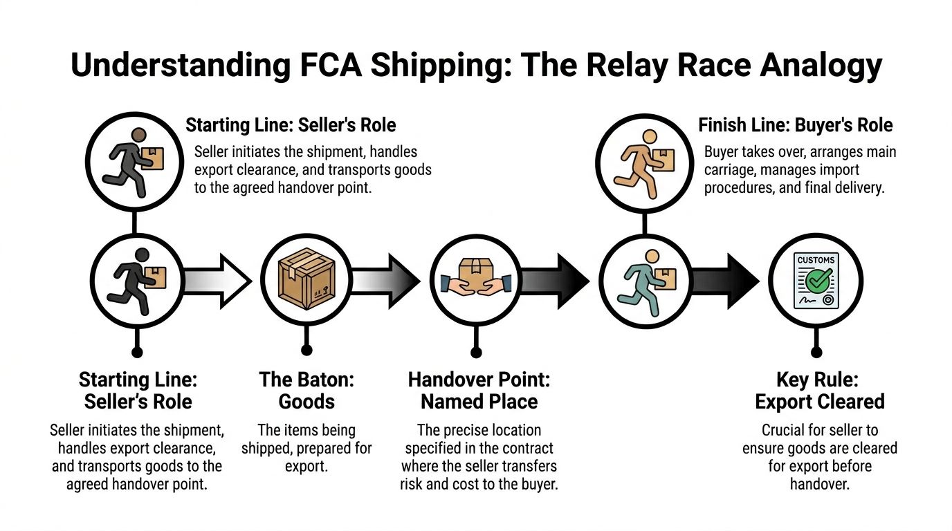 An infographic illustrating the FCA shipping term process as a relay race between seller and buyer roles.