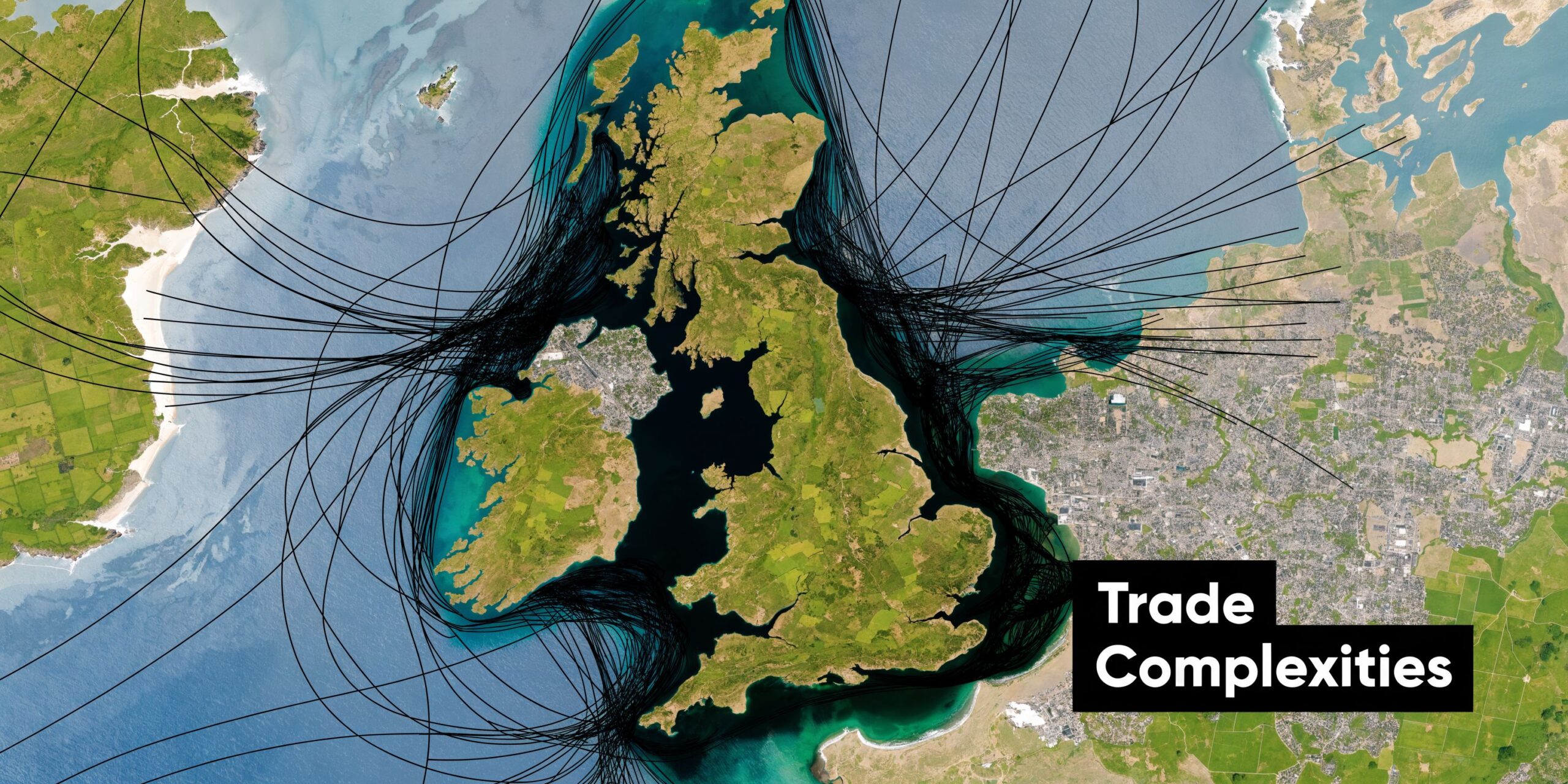 A satellite map view of the British Isles overlaid with complex black lines representing shipping trade routes.