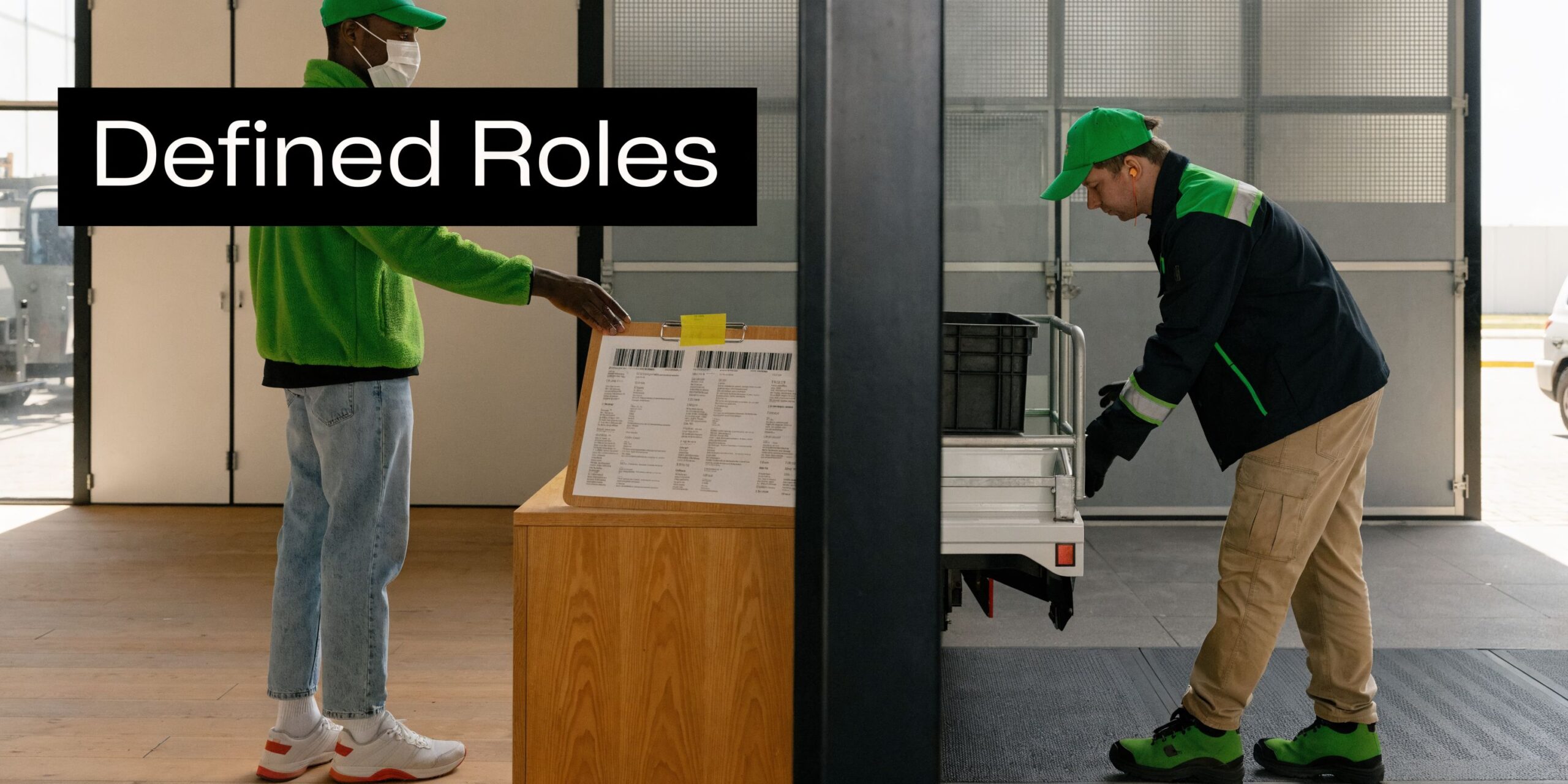 Two delivery workers in matching uniforms organizing shipments and cargo in a professional warehouse loading area.