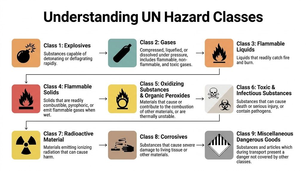 An infographic titled Understanding UN Hazard Classes illustrating nine categories of dangerous goods with icons and descriptions.