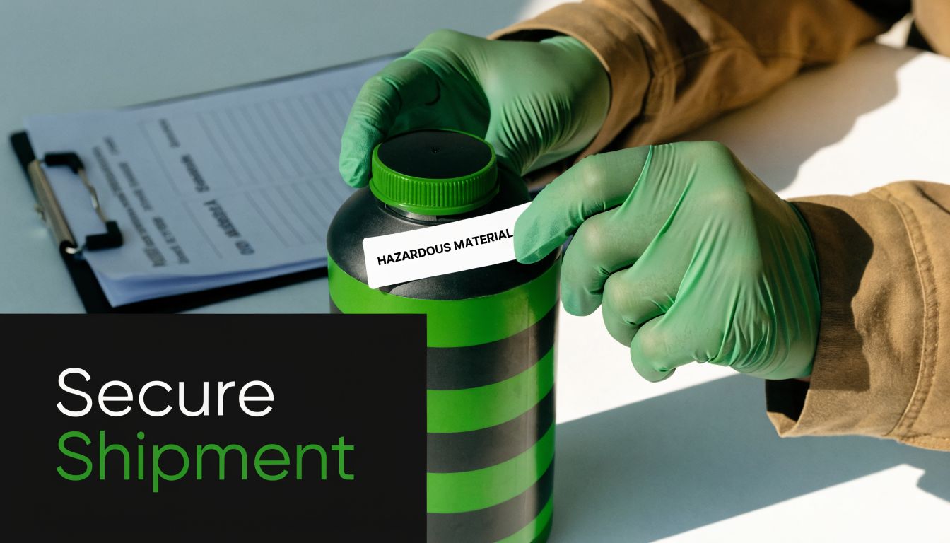 A professional with green gloves labeling a container marked as hazardous material for secure shipping procedures.