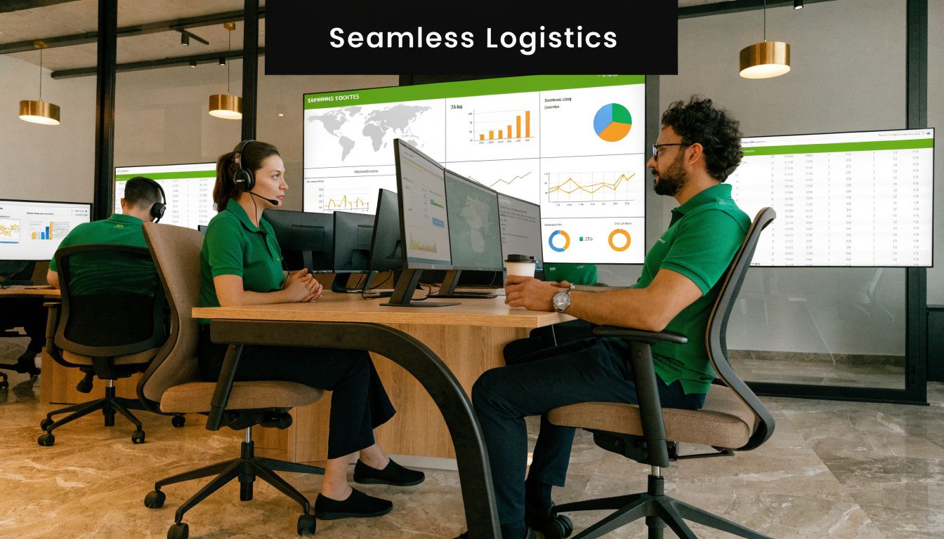A professional logistics team monitoring global shipment data on multiple digital screens in a modern office environment.