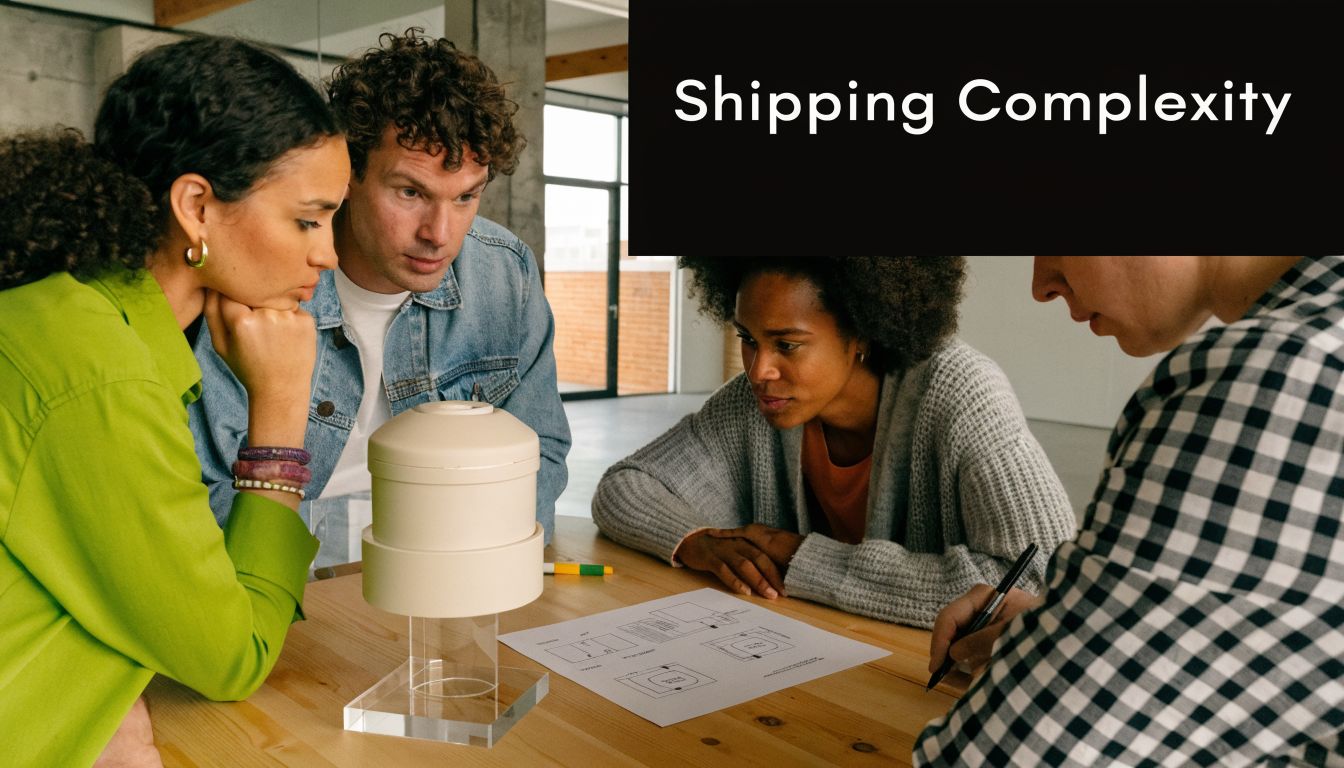 A diverse group of four professionals collaboratively analyzing a product design and shipping schematics around a table.