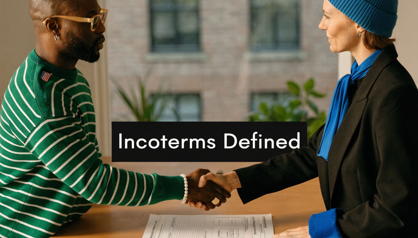 A professional man and woman shaking hands over a business contract, symbolizing international trade agreements.