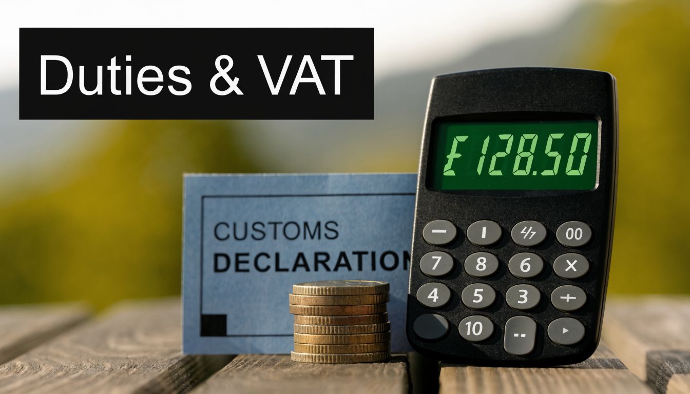 A calculator displaying a British pound amount next to customs declaration paperwork and a stack of coins.