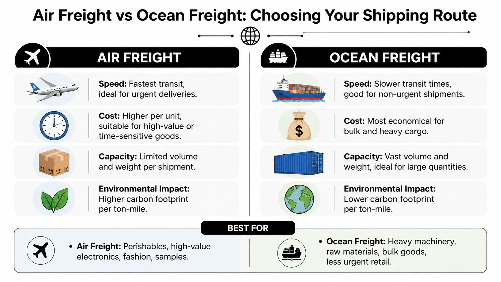 A comparison chart showing the key differences between air freight and ocean freight shipping methods.