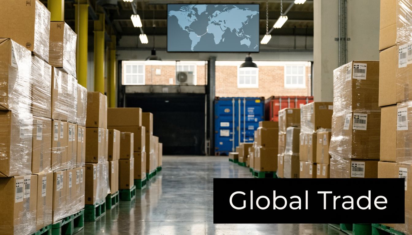 A warehouse interior featuring stacks of cardboard boxes on pallets and a digital map of the world.