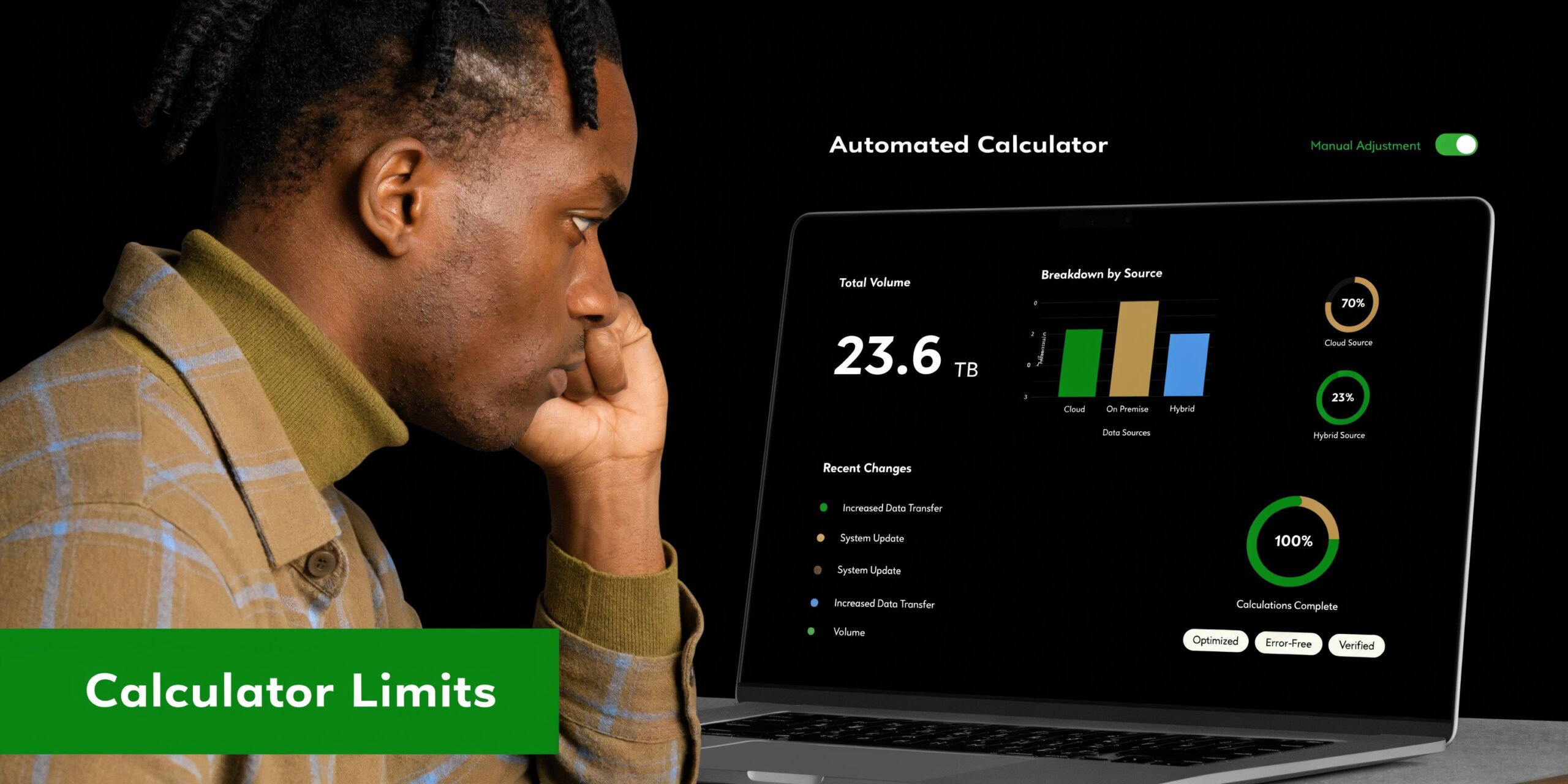 A person looking at a laptop screen displaying data analytics with charts and automated calculator statistics.