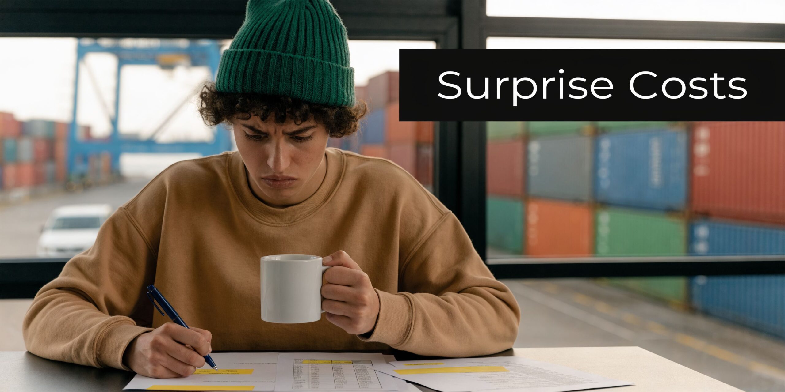 A concerned person wearing a beanie, holding a coffee mug and reviewing documents in a shipping yard office.