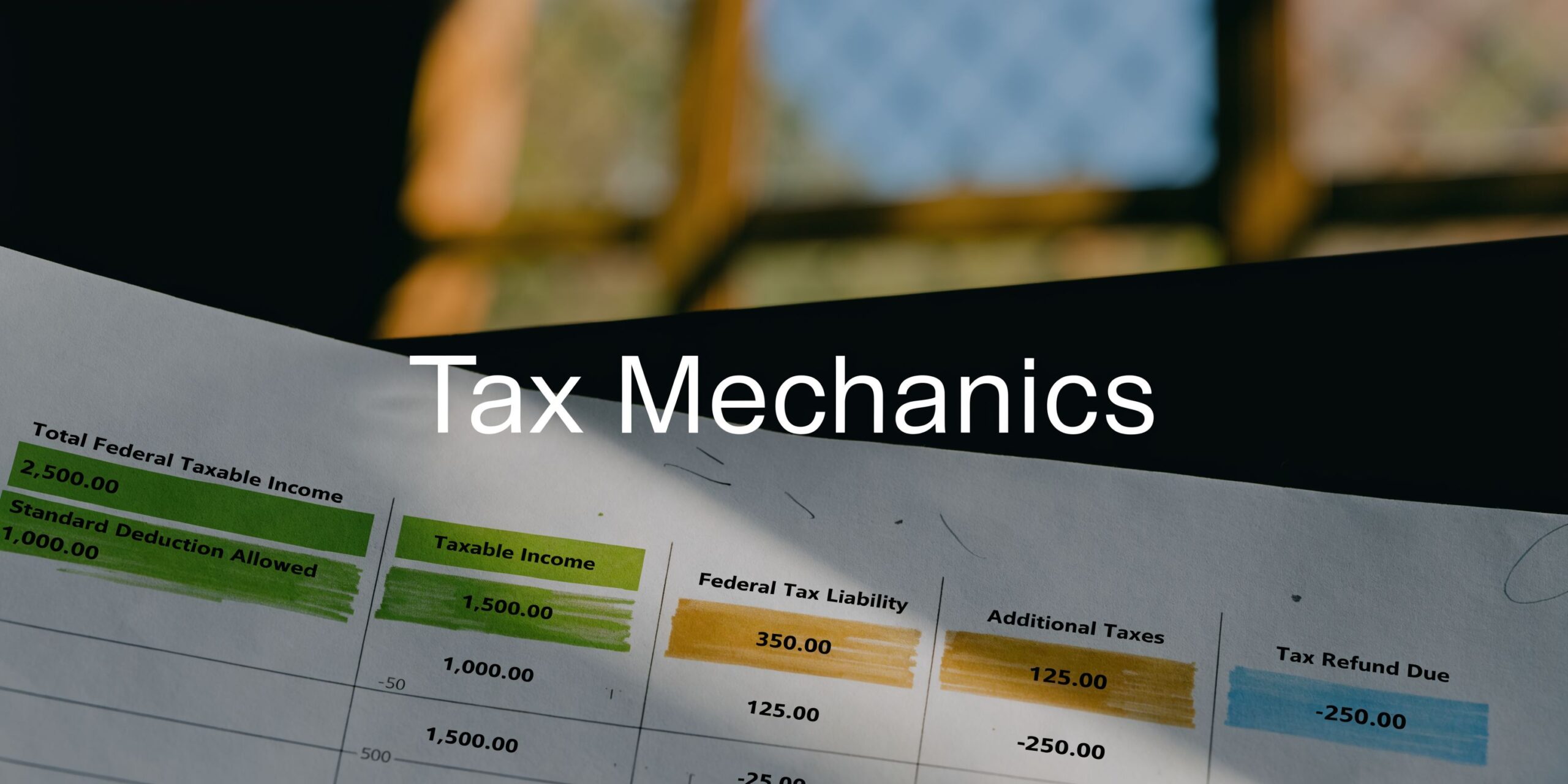 A close-up view of a printed spreadsheet with tax calculations labeled with headings like Taxable Income and Federal Tax Liability.