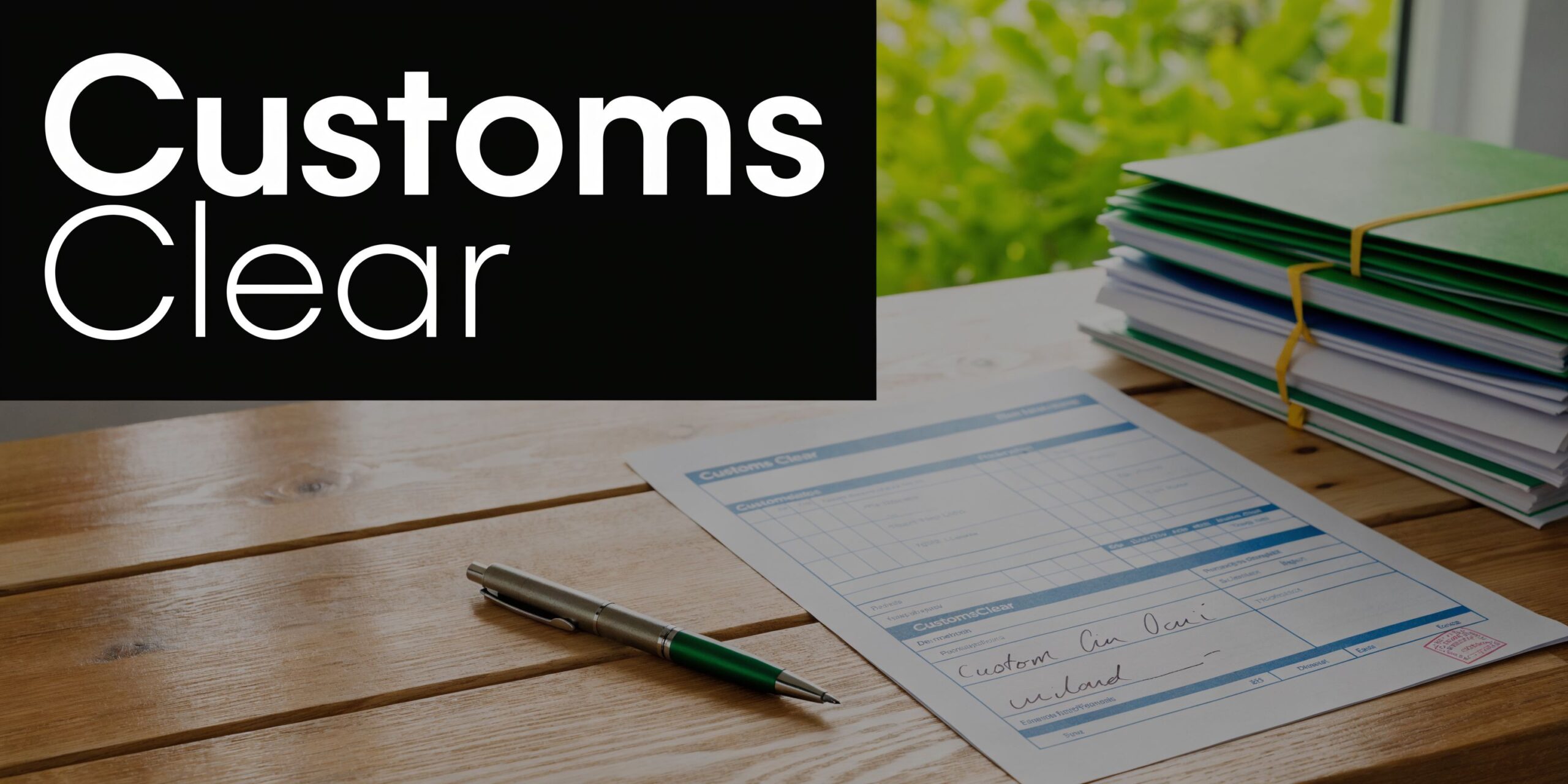 A customs clearance form, a pen, and a stack of folders on a wooden desk for importation.