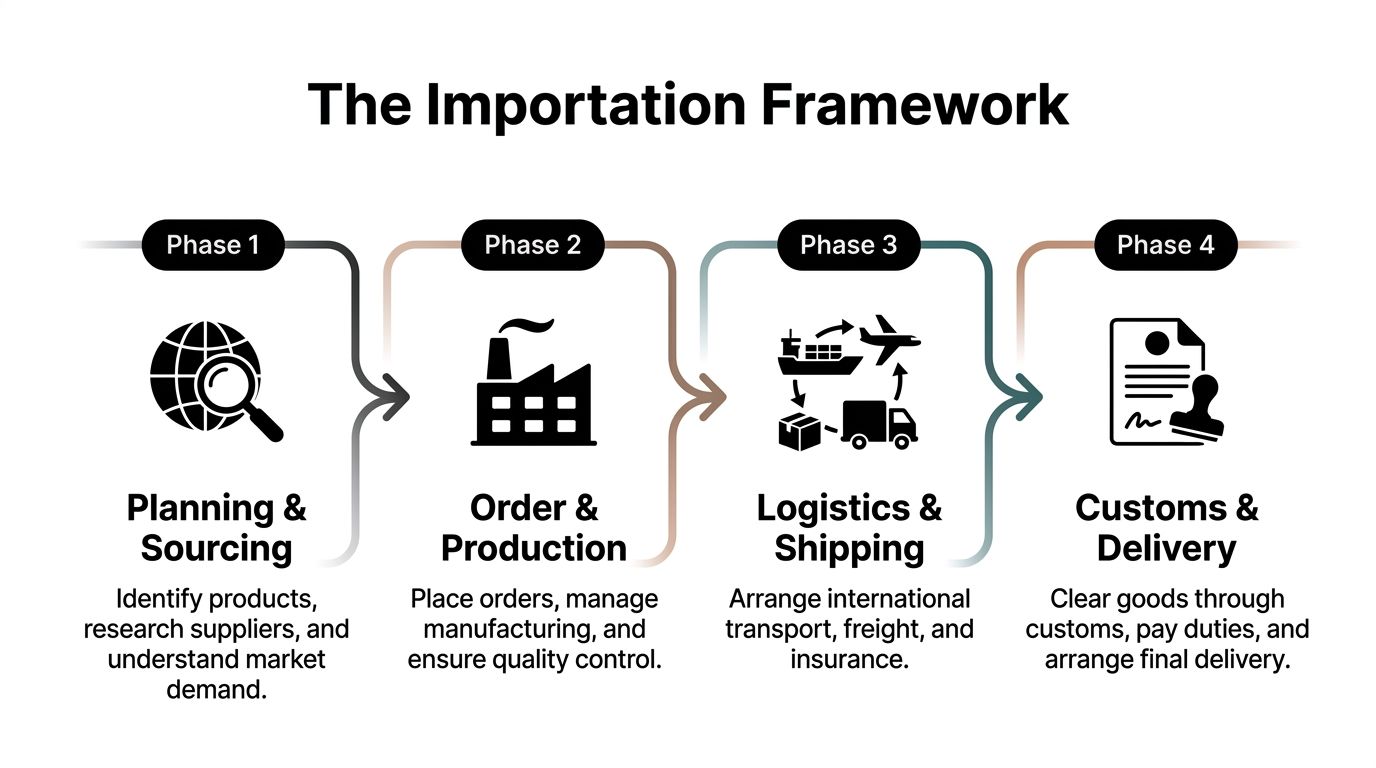 A four-phase diagram illustrating the importation framework from product sourcing to final customs delivery and shipping.