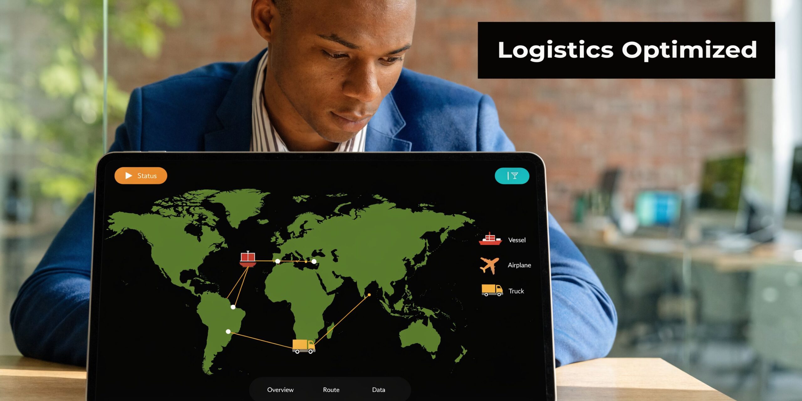 A professional man looking at a digital logistics dashboard on a laptop with a global shipping map.