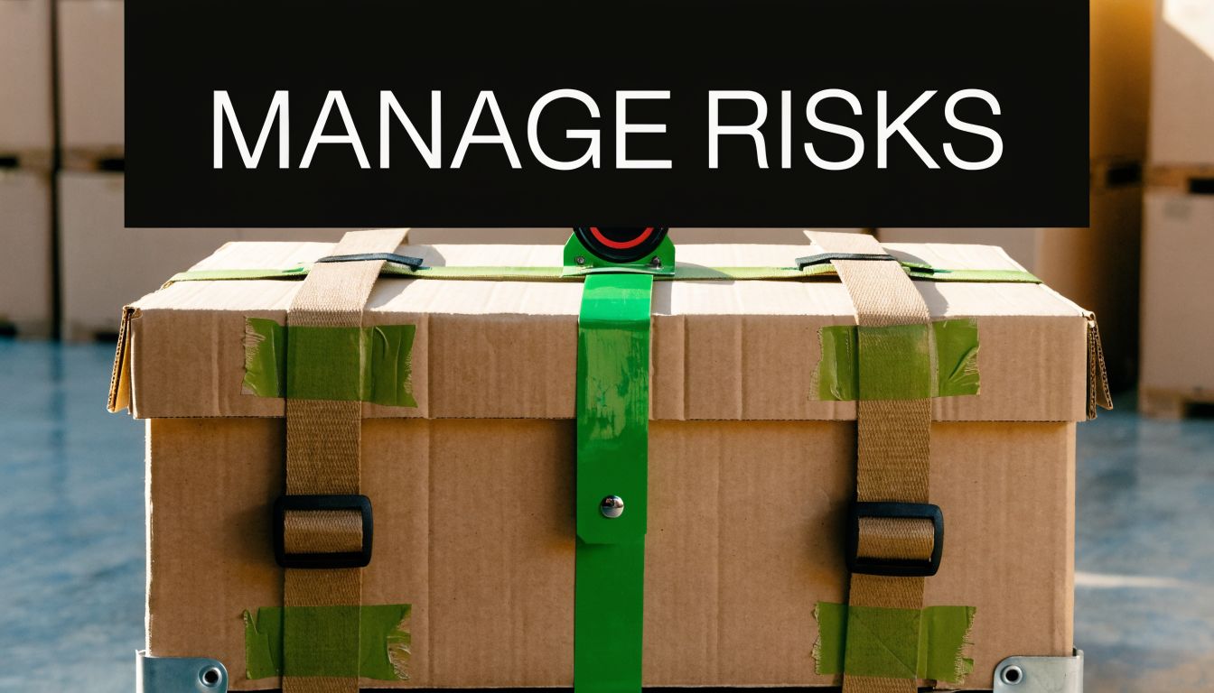 A sturdy cardboard shipping box secured with heavy-duty straps in a warehouse setting, labeled Manage Risks.