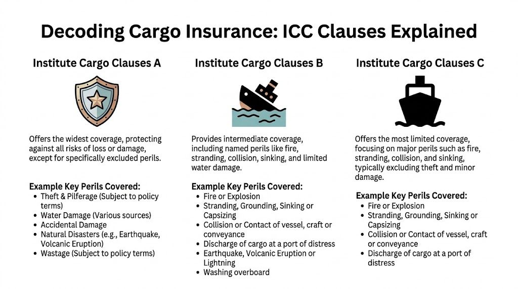 A comparison chart explaining the three levels of Institute Cargo Clauses: A, B, and C for insurance.