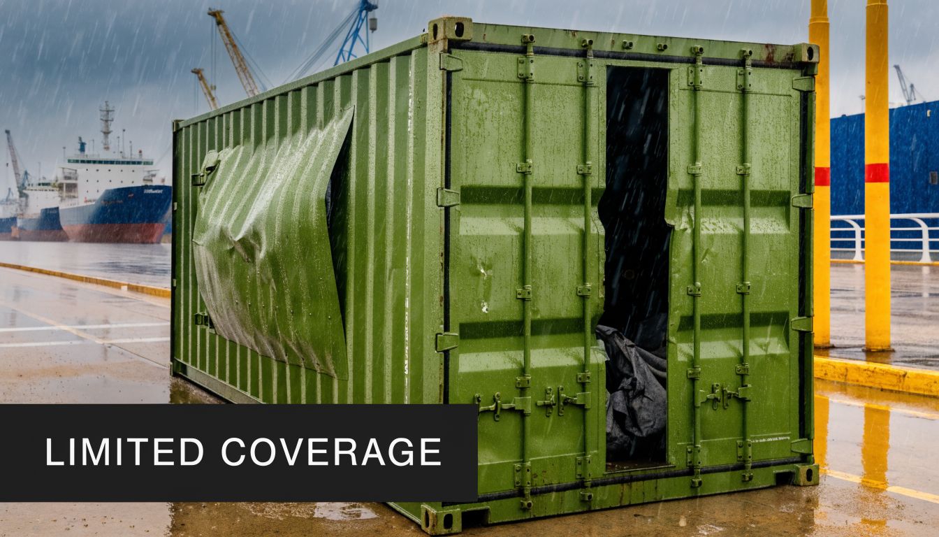 A damaged green shipping container sitting on a wet harbor dock under a rainy, overcast sky.
