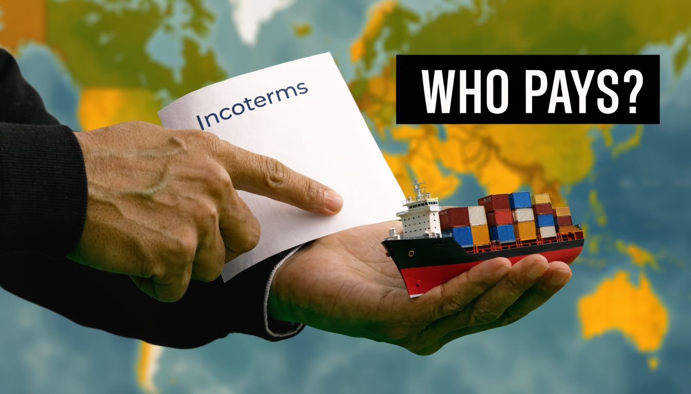 A person holding a miniature container ship and a document labeled Incoterms against a world map background.