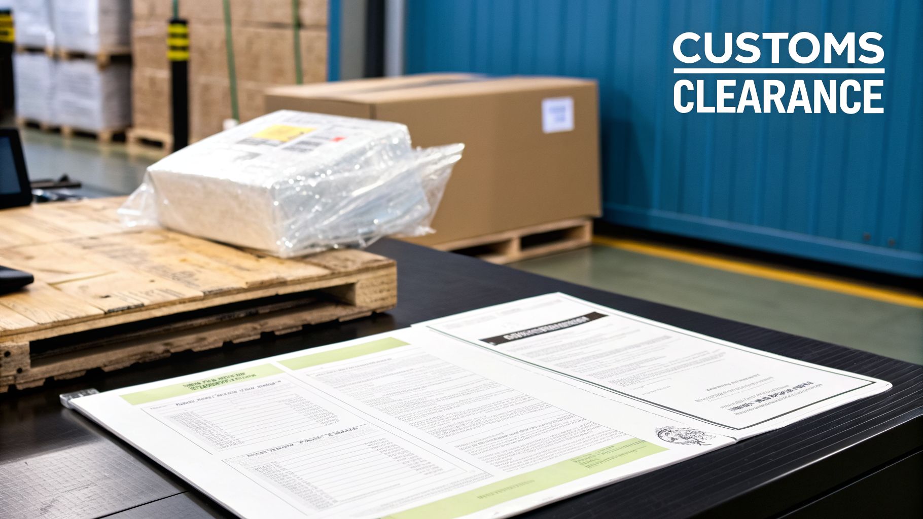 Customs clearance documents and a package on a table in a warehouse, showing international shipping process.