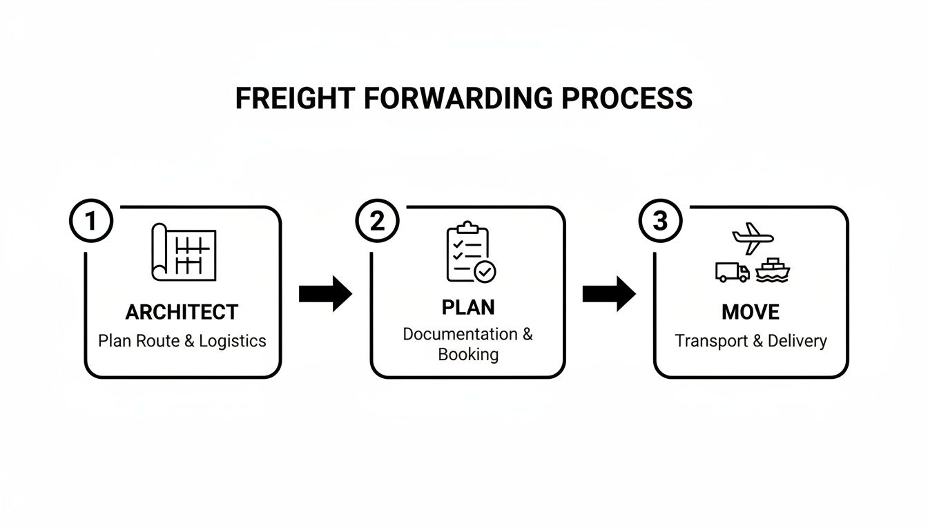 A three-step diagram showing the freight forwarding process: Architect, Plan, and Move with icons.