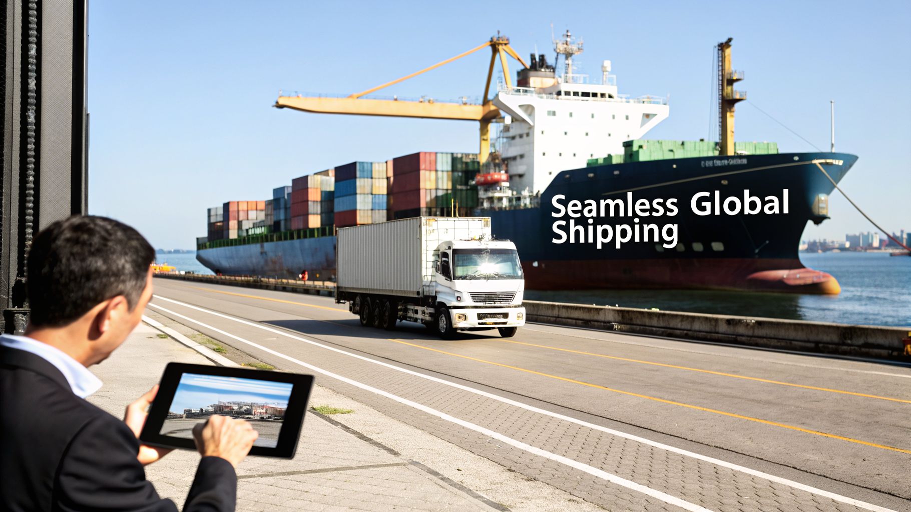 A man viewing a busy port with a large container ship and truck on a tablet, showcasing global shipping.