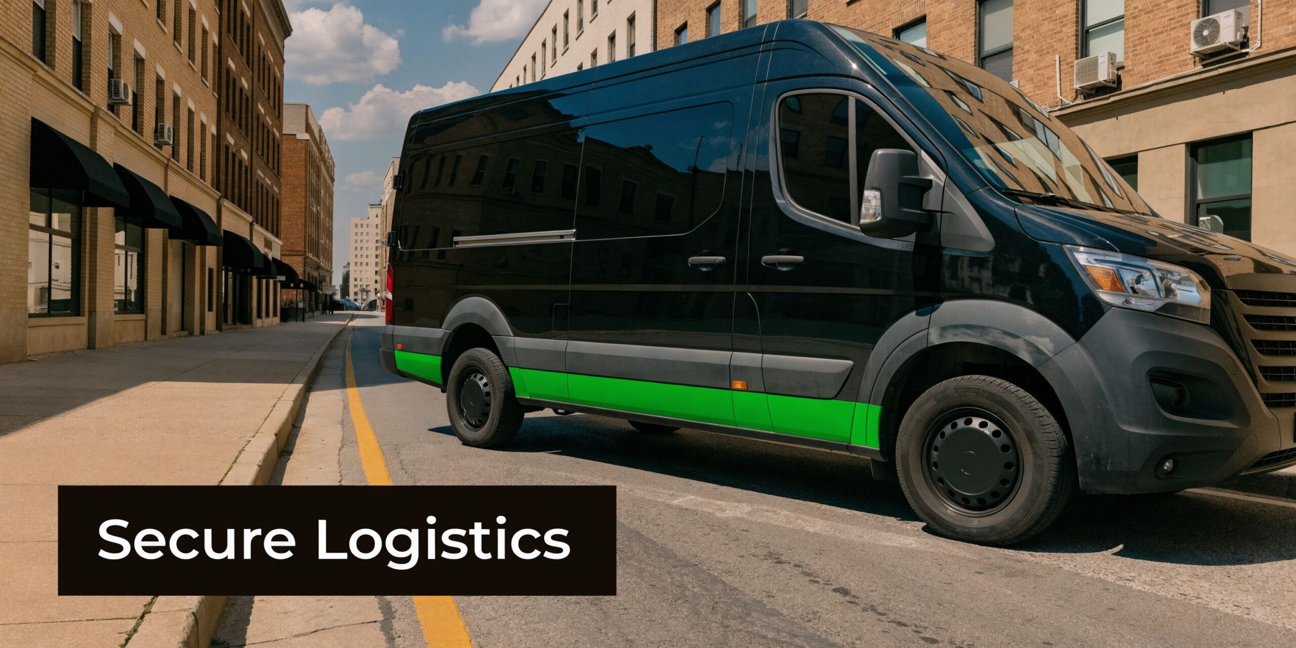 A sleek black delivery van with a green stripe parked on a city street for last mile services.