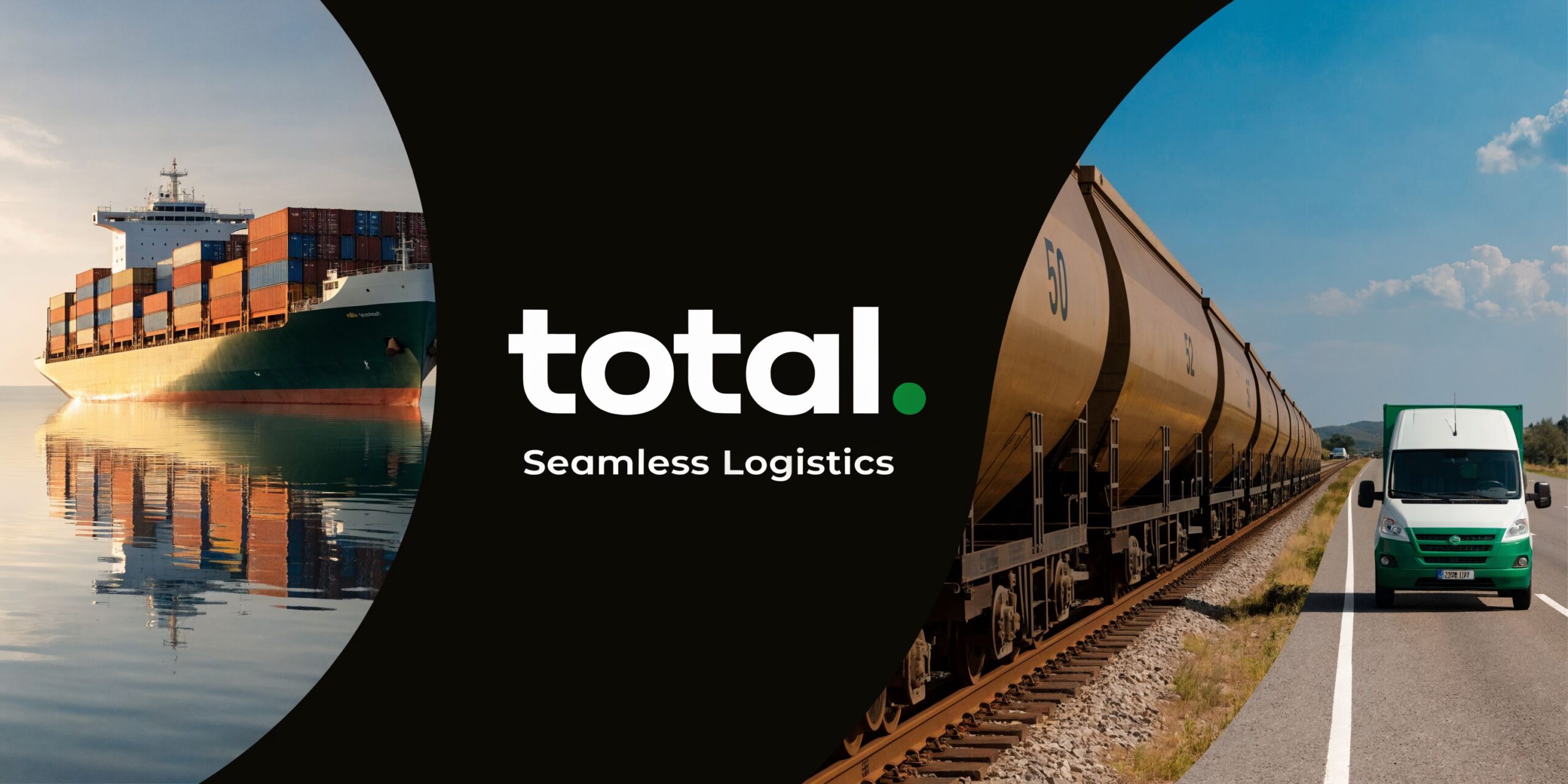 A composite image showing a container ship, a freight train, and a delivery van representing logistics.