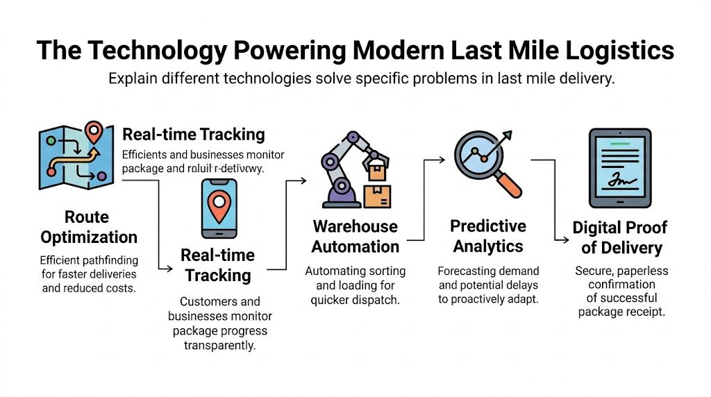 A diagram illustrating five key technologies powering modern last mile delivery services, including automation and analytics.