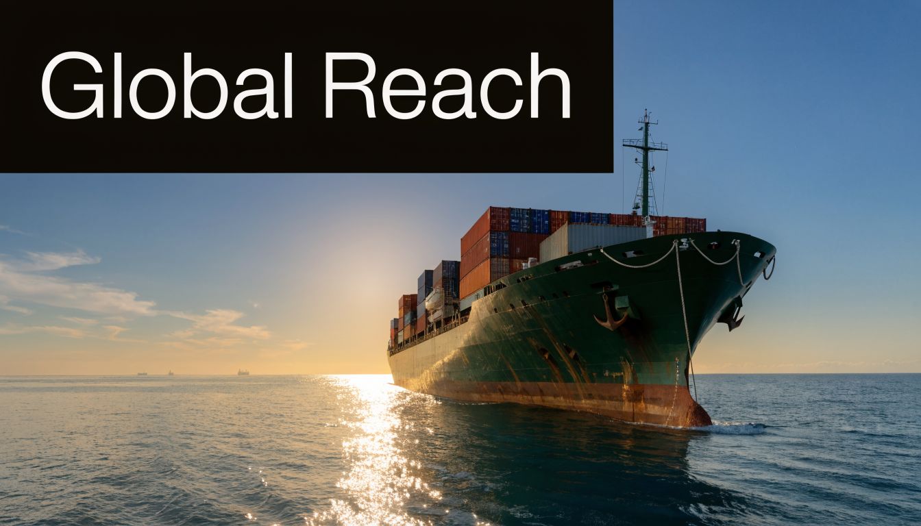 A large cargo ship loaded with colorful shipping containers sailing on the ocean during a golden sunset.