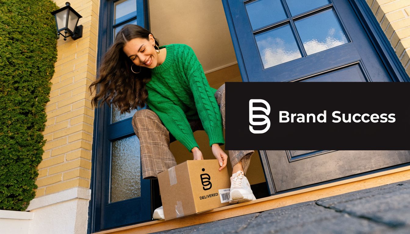 A happy woman setting down a delivered cardboard parcel at her front doorstep, representing ecommerce logistics services.
