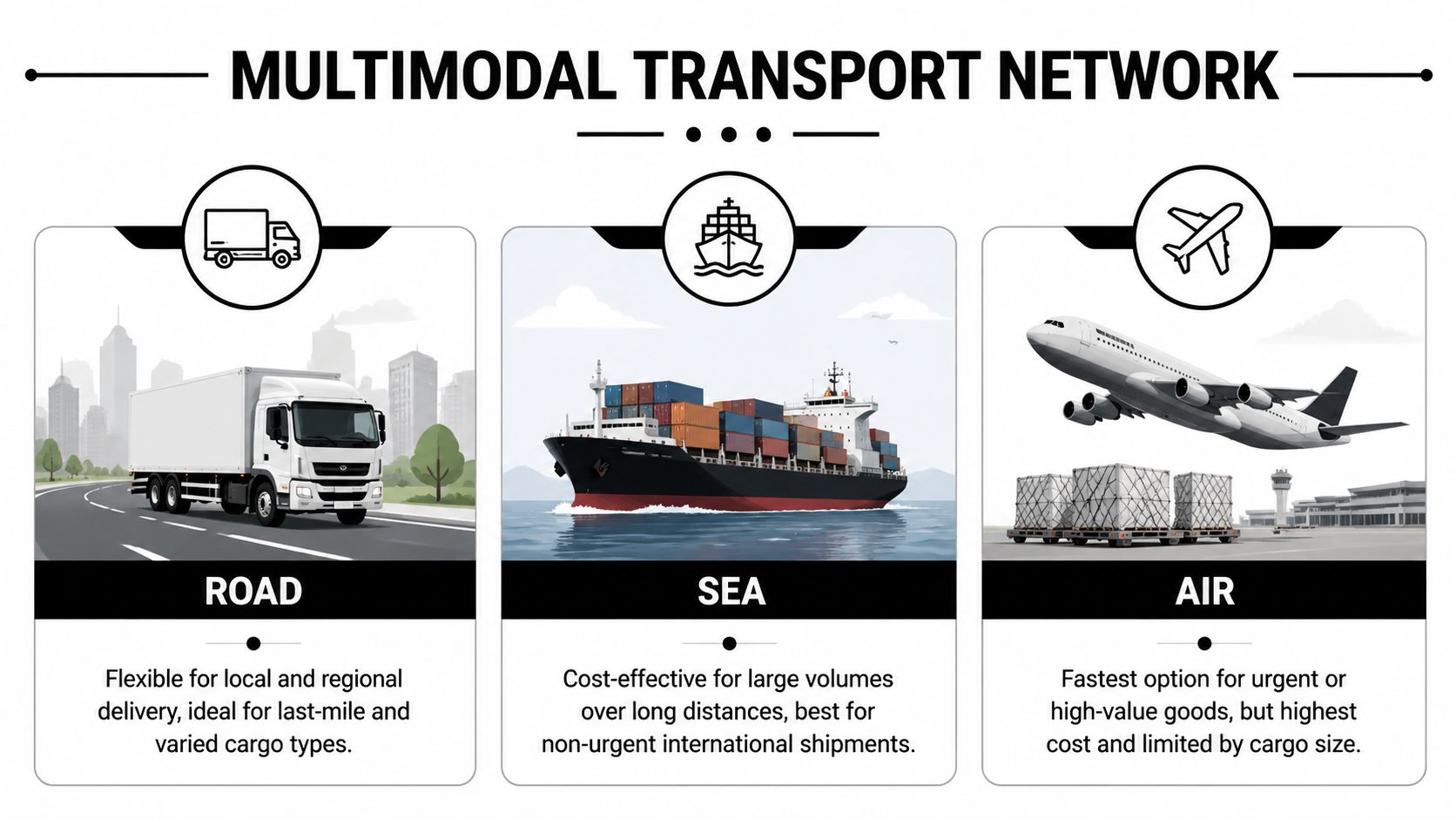 A diagram illustrating a multimodal transport network using road, sea, and air logistics solutions for goods.