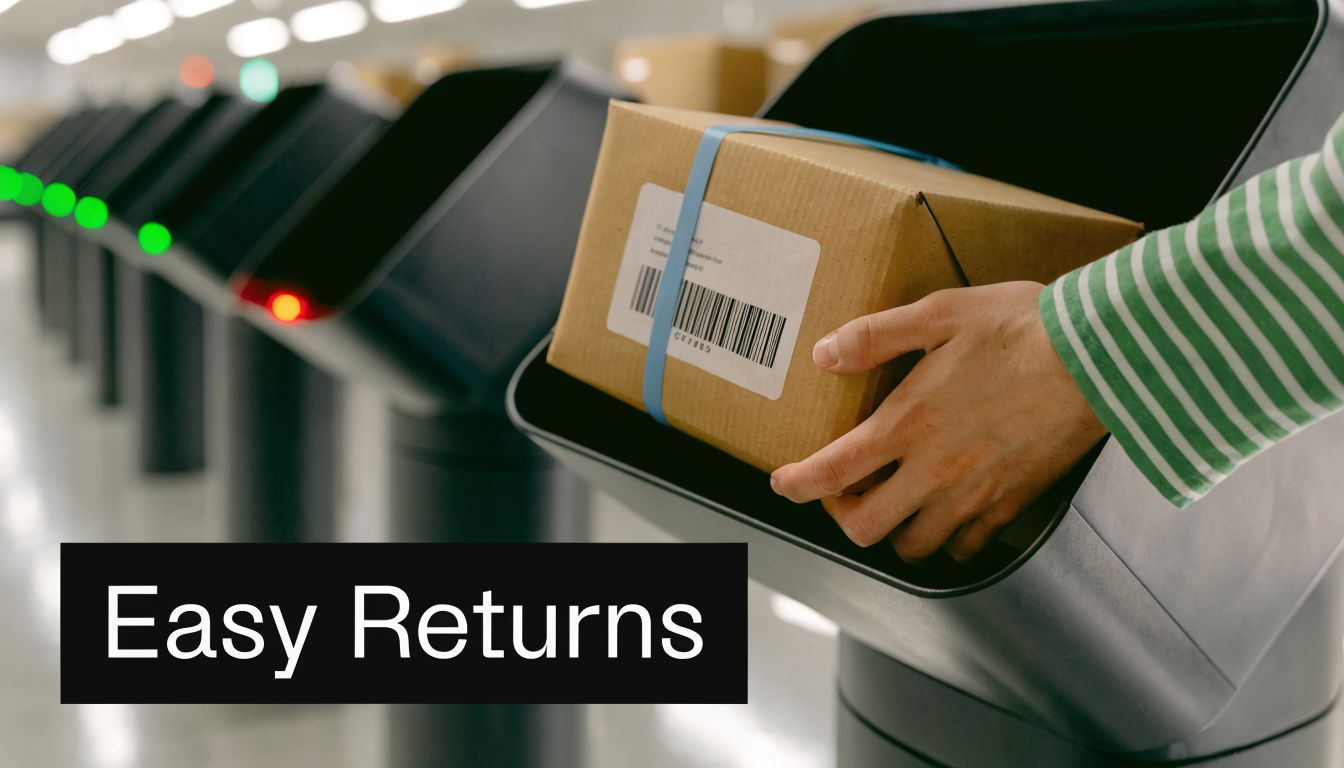 A person placing a cardboard shipping box into an automated package return kiosk for easy logistics processing.