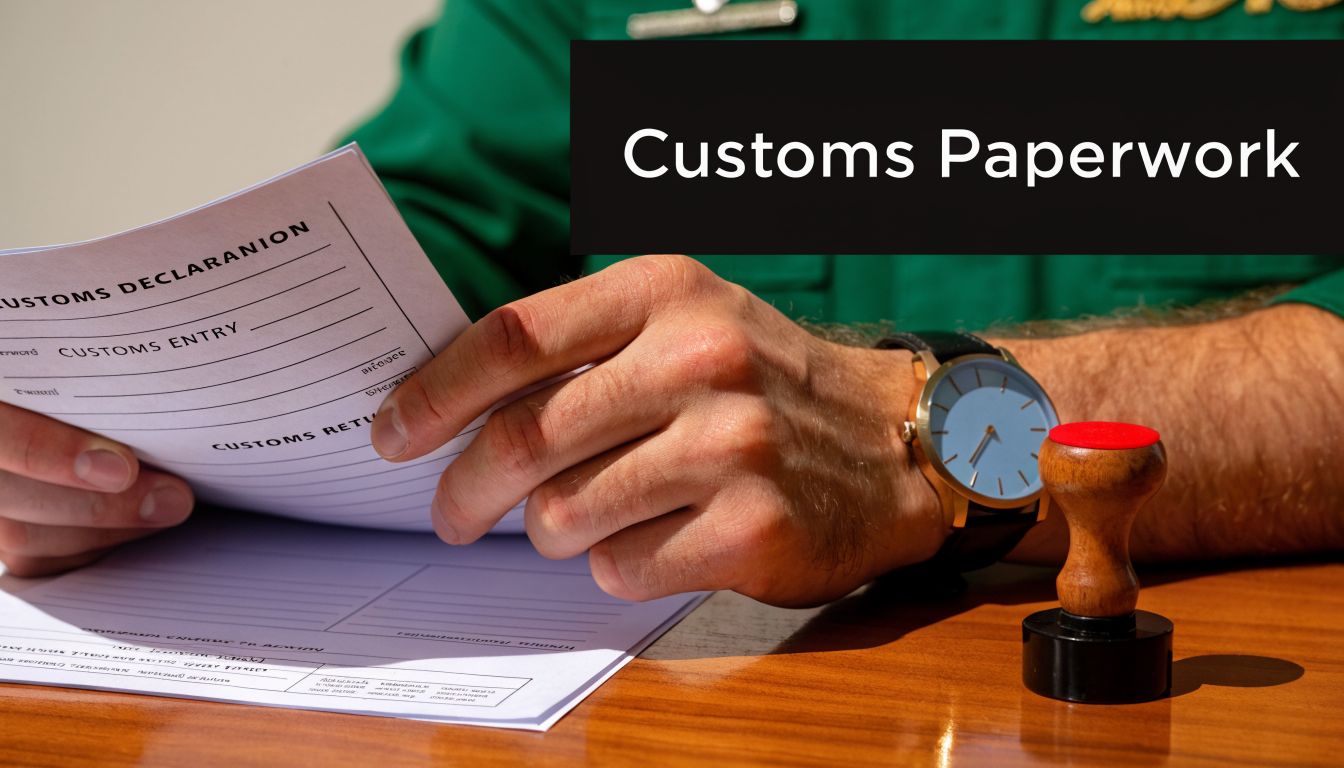 A customs official checking international declaration forms with a desk stamp ready for official processing.