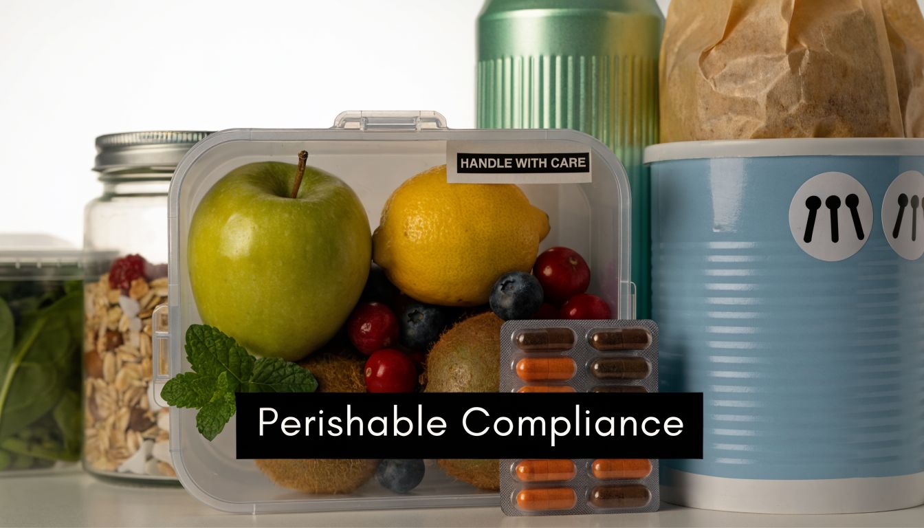 A clear container filled with fresh fruit and mint sits next to pills and food storage items.
