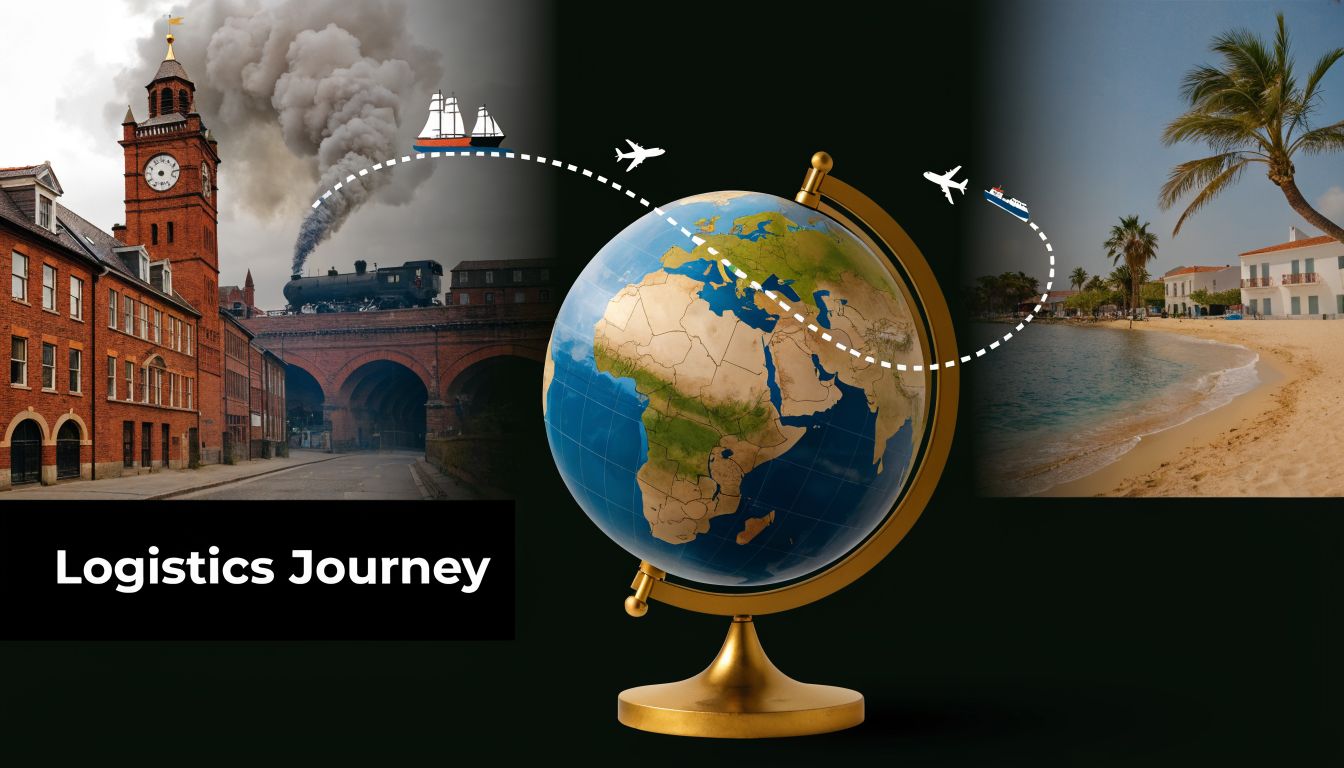 A conceptual graphic illustrating a logistics journey connecting a historical city scene to a tropical beach.