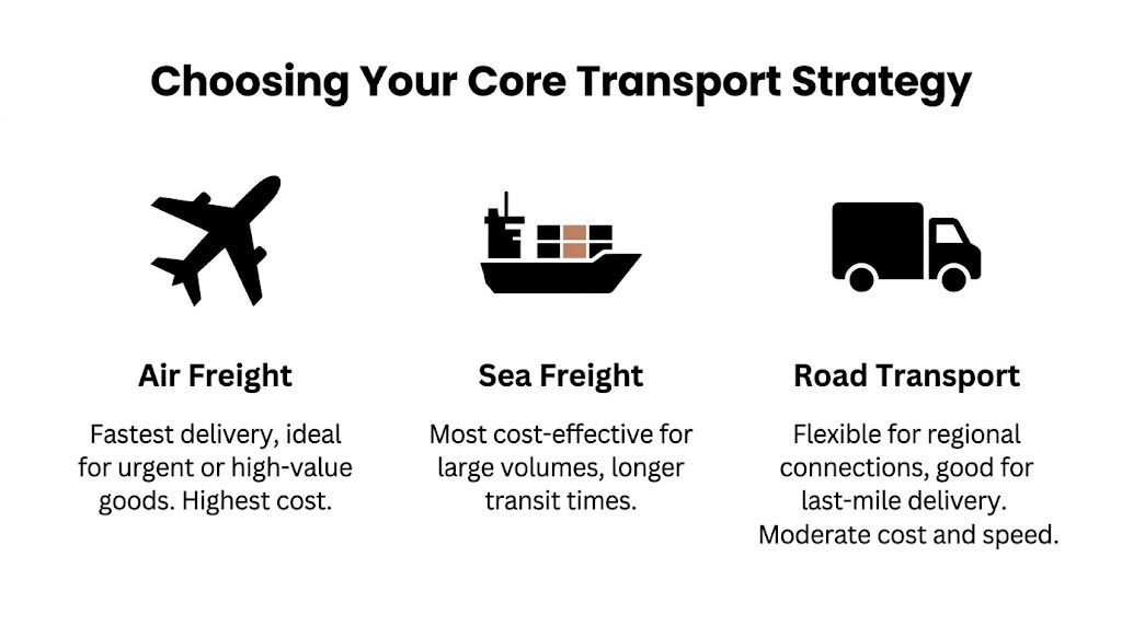 A visual comparison infographic for selecting between air freight, sea freight, and road transport logistics strategies.