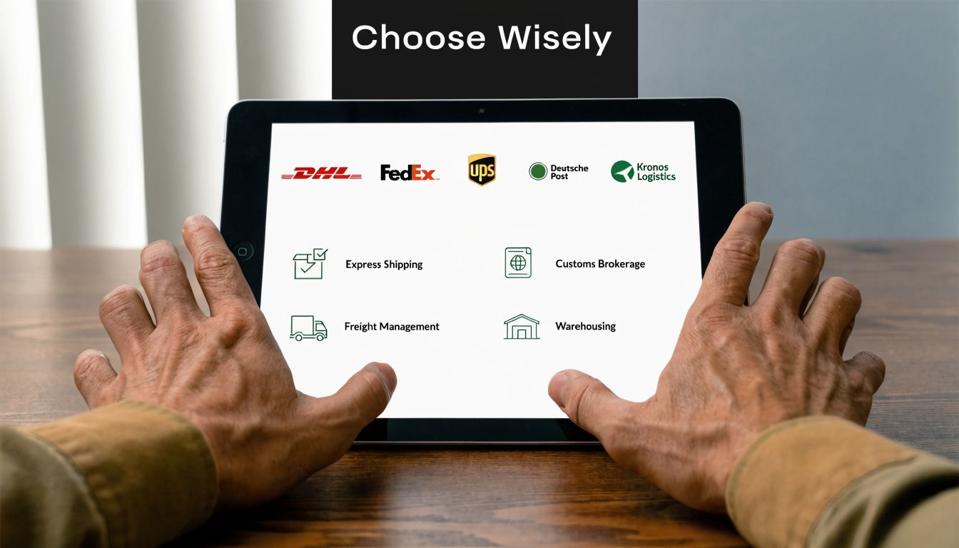 A person holding a tablet displaying various global logistics service providers and supply chain solution icons.