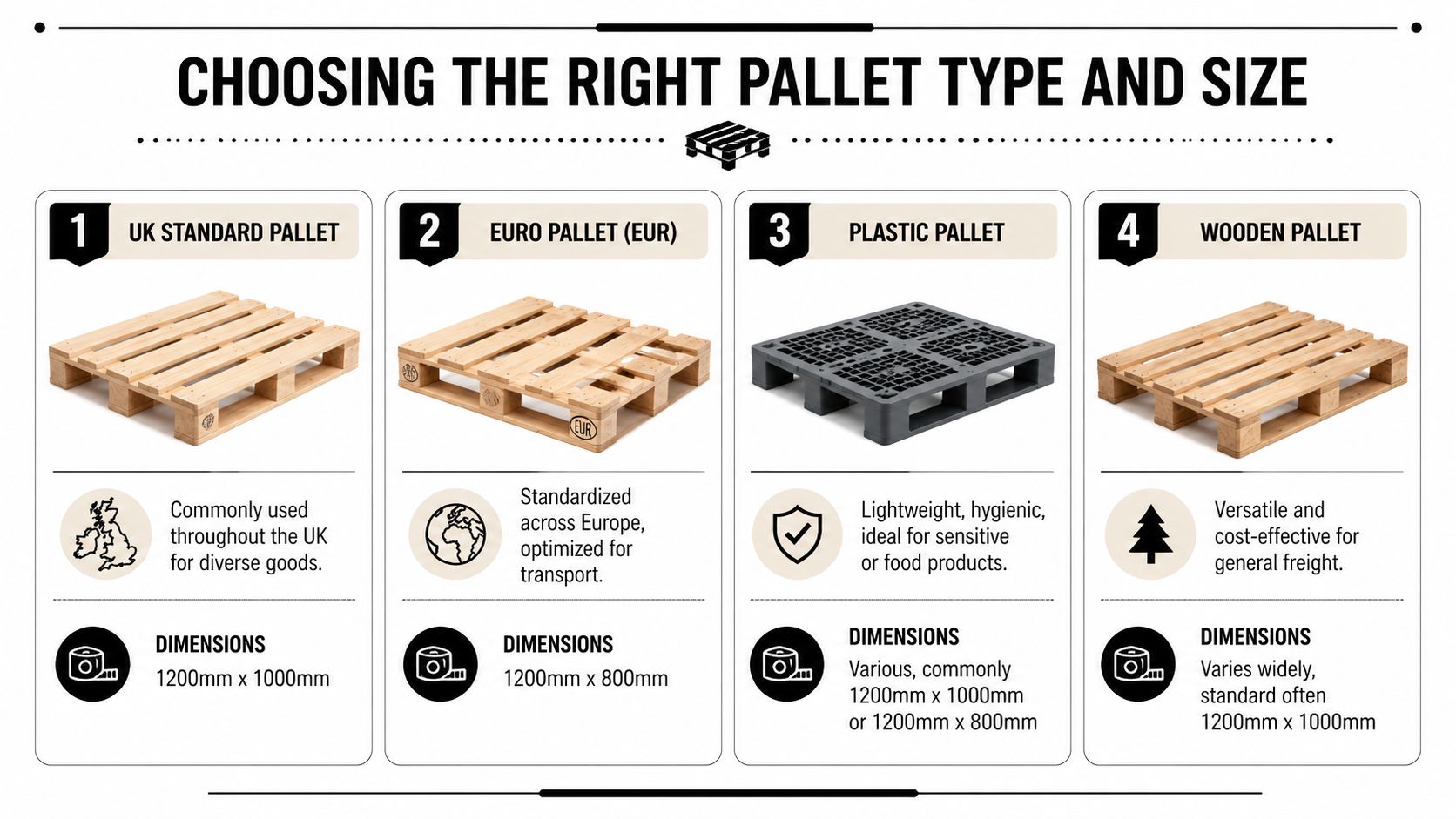 An infographic showing four common types of shipping pallets with their names, descriptions, and dimensions.
